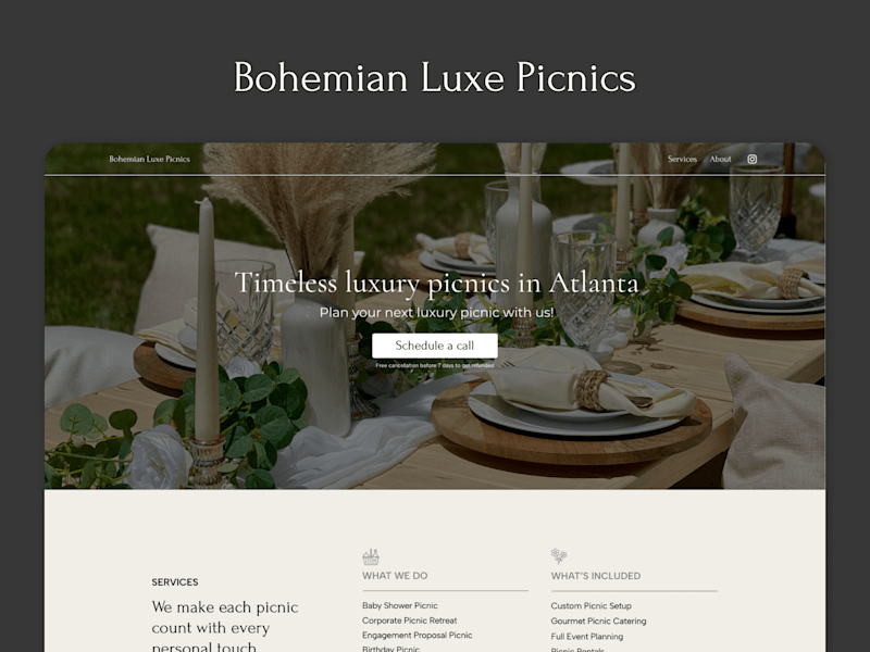 Cover image for Bohemian Luxe Picnics Landing Page Design and Build
