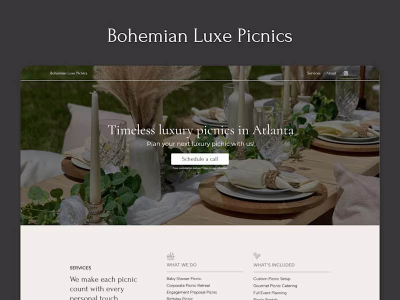 Cover image for Bohemian Luxe Picnics Landing Page Design and Build