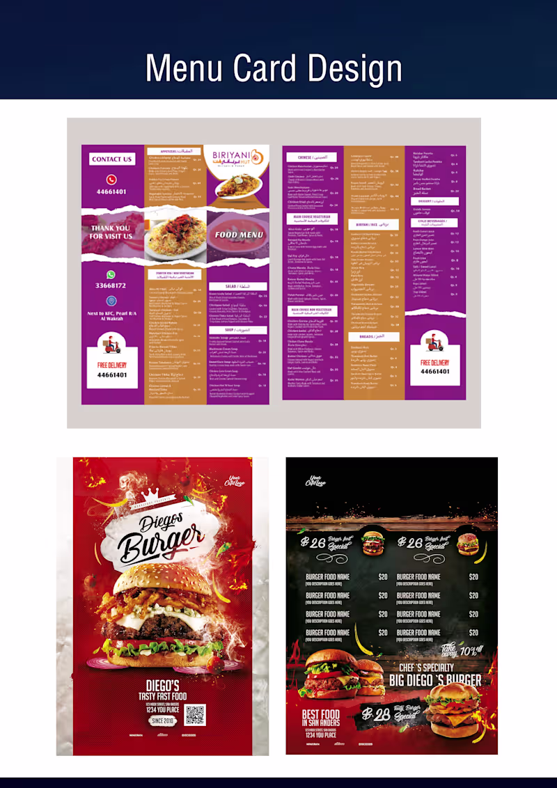 Cover image for Food Menu designs for Some of my clients