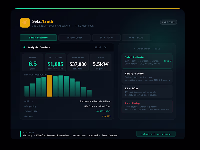 Cover image for SolarTruth — Independent Solar Calculator