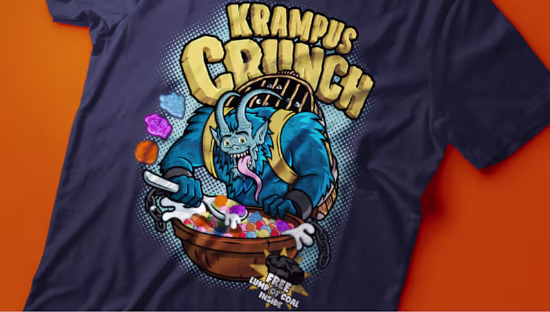 Cover image for Krampus Crunch parody cereal box art t-shirt artwork.