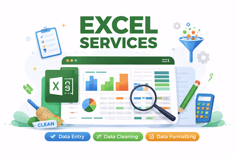Cover image for Excel services, Data cleaning, data entry, Data formatting.