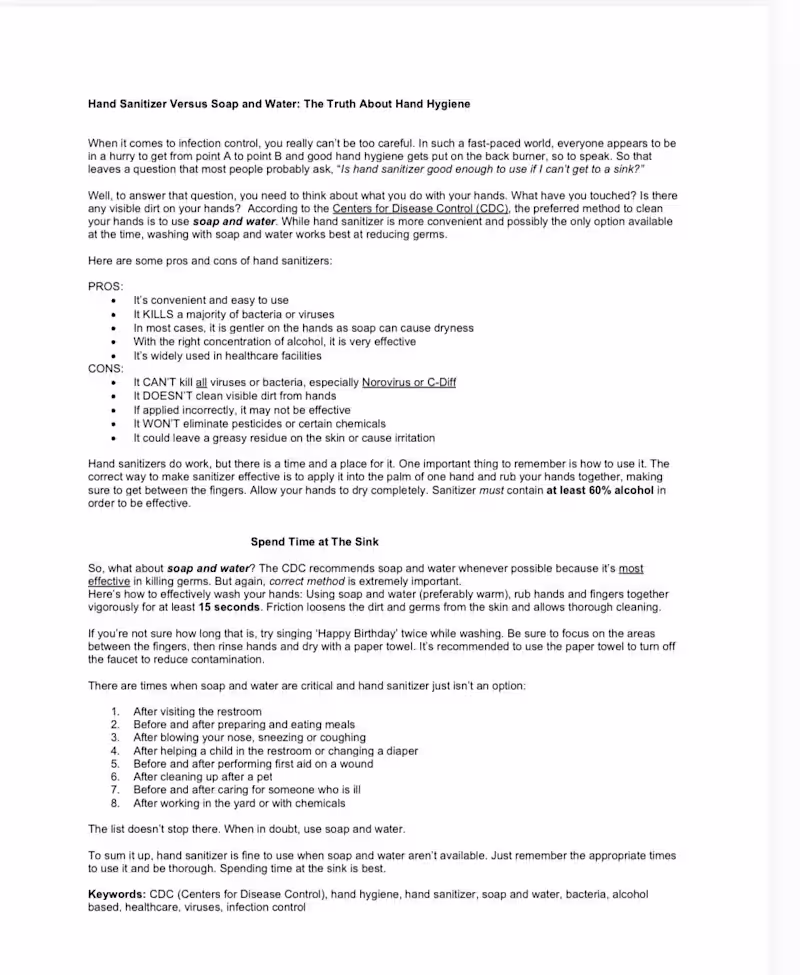 Cover image for Hand Hygiene Writing Sample