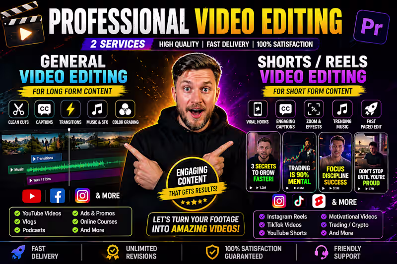 Cover image for Professional Video Editing for YouTube Videos, Shorts, Reels/ads