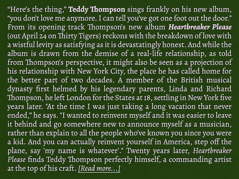 Cover image for Artist Bio: Teddy Thompson - Heartbreaker Please (2020)