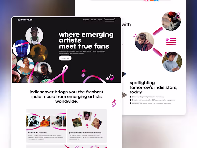 Cover image for Indiescover - Landing Page Design for Music Discovery App