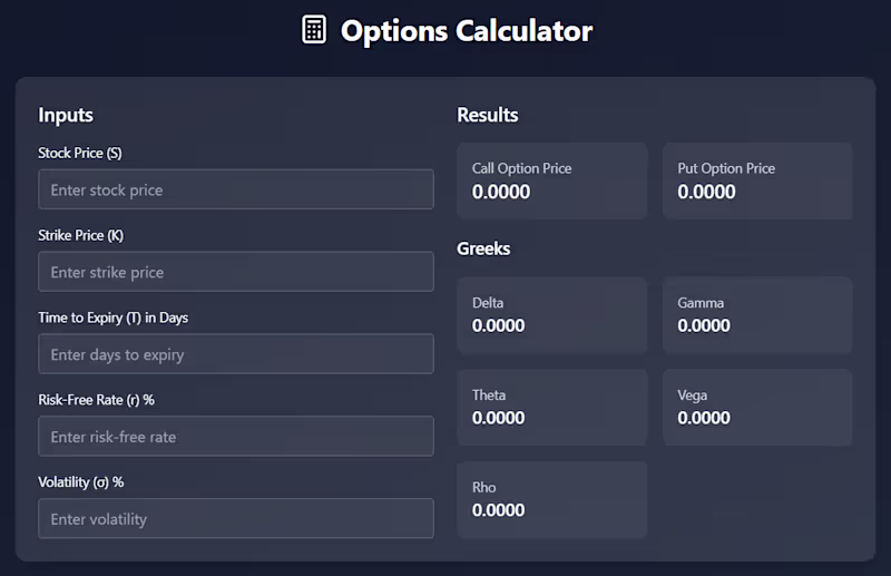Cover image for Easy to use Options Calculator - Traders / Finance Professionals