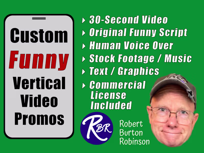 Cover image for 30-Second Video - includes funny script, voice over, music