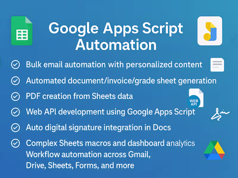 Cover image for Google Apps Script Expert Automate Sheets, Docs, Email, API, PDF