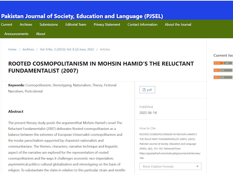 Cover image for ROOTED COSMOPOLITANISM IN MOHSIN HAMID’S THE RELUCTANT FUNDAMEN…