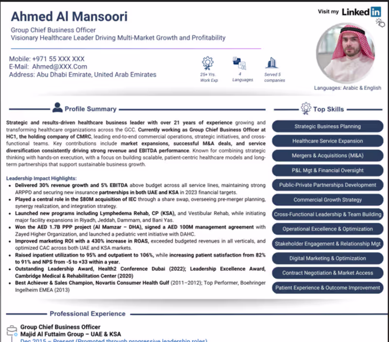 Cover image for Executive Resume Redesign for UAE Career Transition