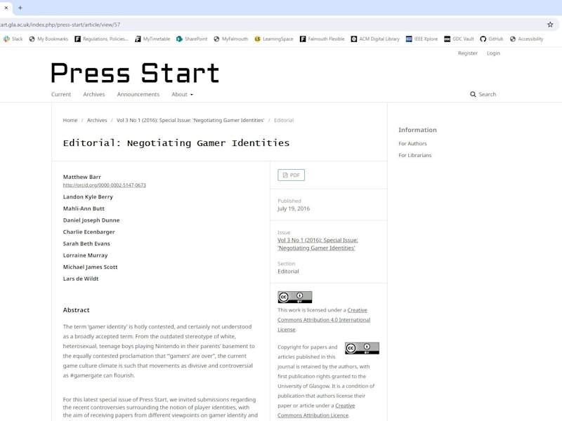 Cover image for Press Start Special Issue on Negotiating Gamer Identities