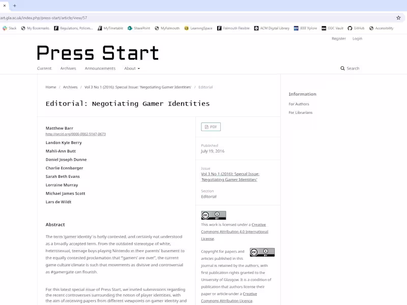 Cover image for Press Start Special Issue on Negotiating Gamer Identities