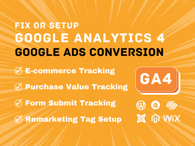 Cover image for I will fix or setup google analytics 4, ecommerce tracking, GTM