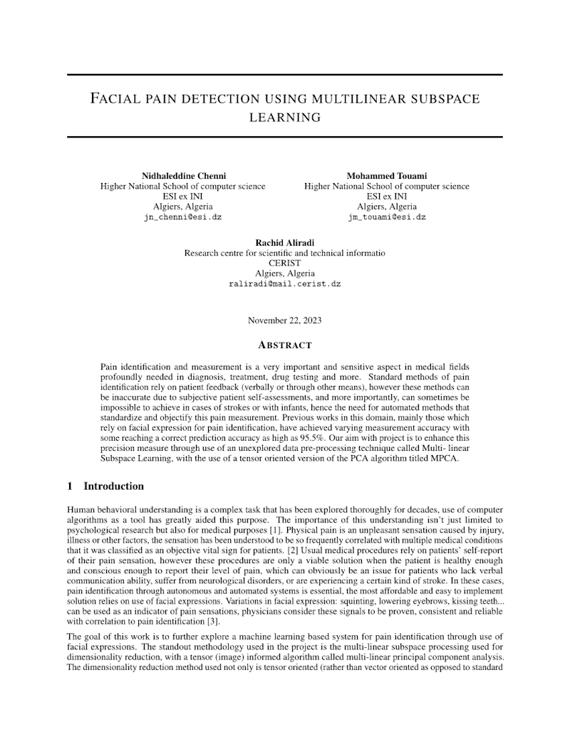 Cover image for FACIAL PAIN DETECTION USING MULTI-LINEAR SUBSPACE LEARNING