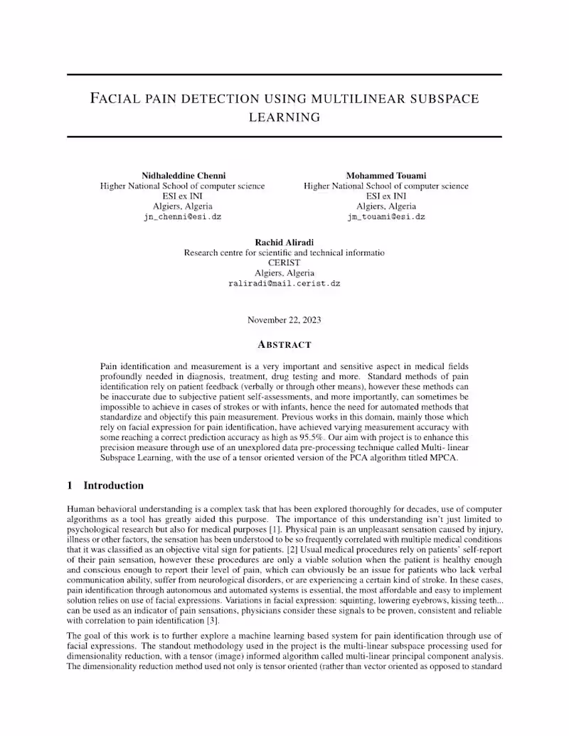Cover image for FACIAL PAIN DETECTION USING MULTI-LINEAR SUBSPACE LEARNING