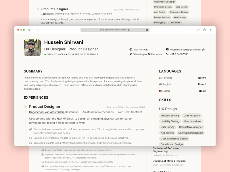 Cover image for Framer Design: One-Page Resume