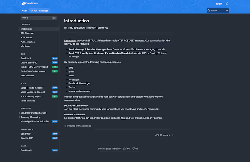 Cover image for Comprehensive API Documentation for Sendchamp