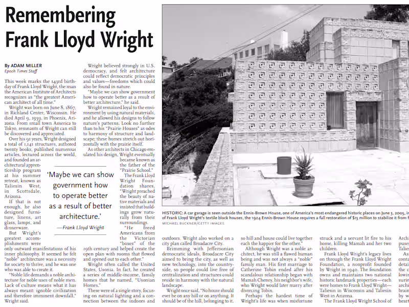Cover image for Article for The Epoch Times "Remembering Frank Lloyd Wright"