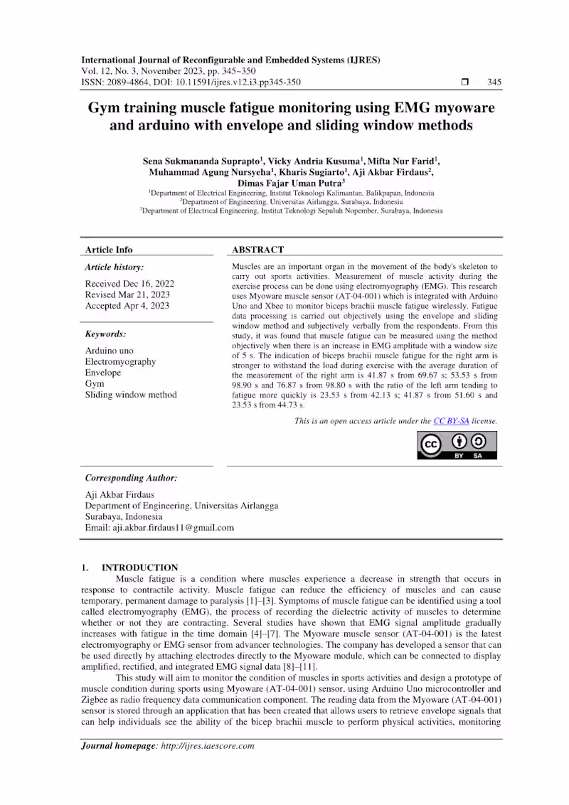 Cover image for Gym training muscle fatigue monitoring using EMG myoware and ar…