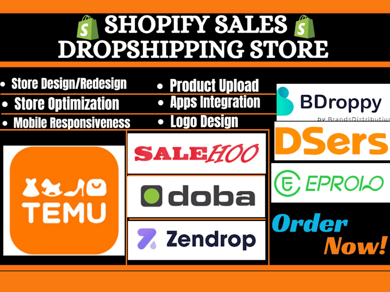 Cover image for shopify dropshipping store via temu doba salehoo dsers zendrop 