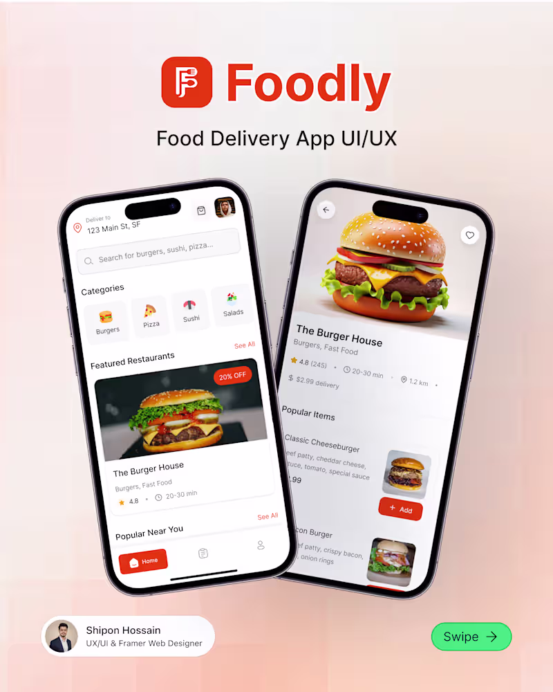 Cover image for Foodly — Food Delivery Mobile App UI/UX A clean, user-centri...