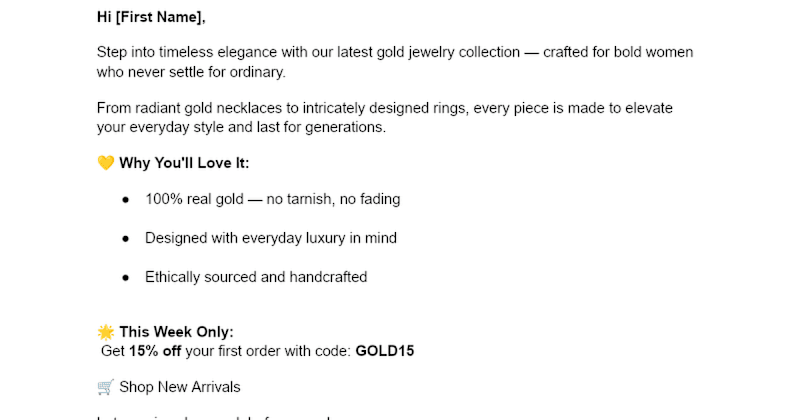 Cover image for Aurielle Gold Jewelry Collection Email Campaign