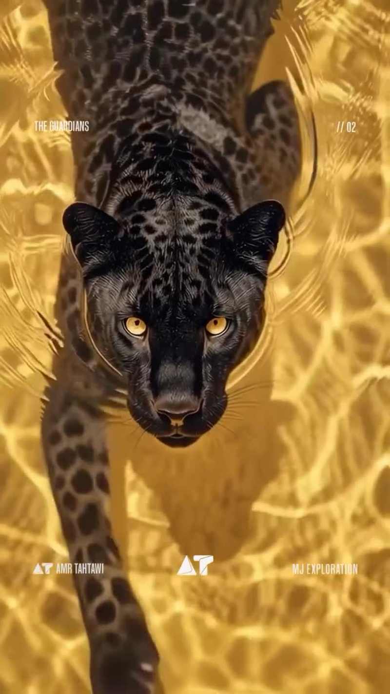 Cover image for The Shadow Guardian Glides through molten gold in sharp sile...