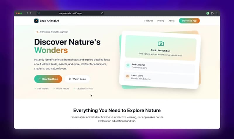Cover image for Snap Animal AI Landing Page Development