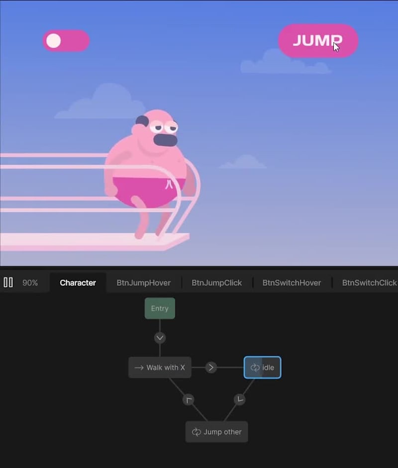 Cover image for New Rive test. Same character, different mood. 💦 Walk → idl...