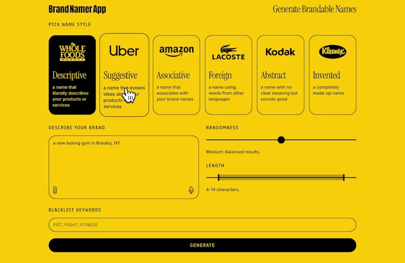 Cover image for UI for an AI-powered Brand Name Generator