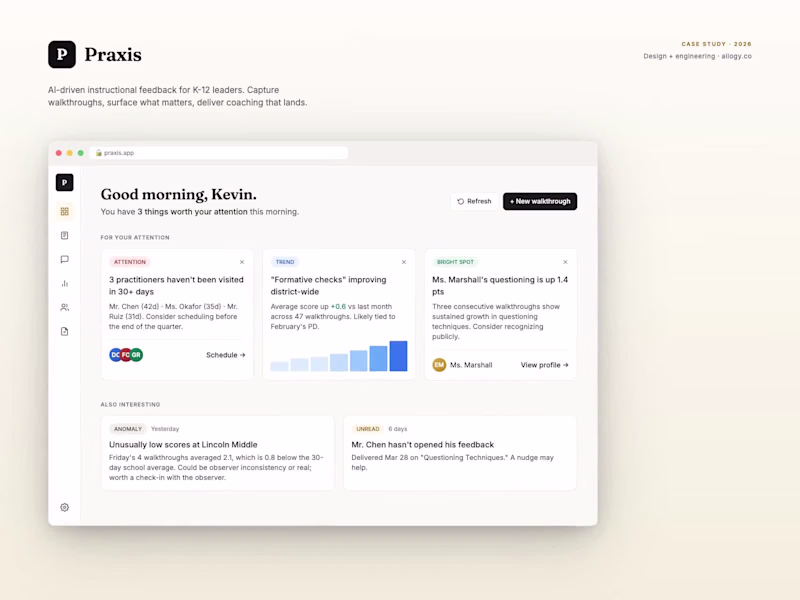 Cover image for Praxis: AI-assisted classroom walkthrough platform