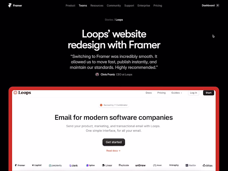 Cover image for My work (design + dev) for Loops, featured on Framer's websi...