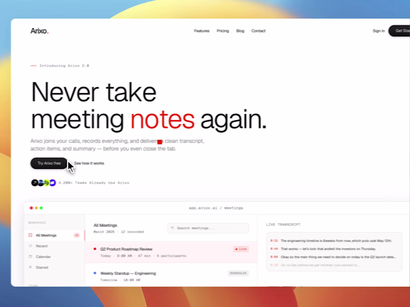 Cover image for Arixo — AI Meeting Assistant Landing Page