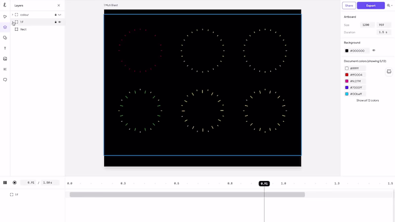 Cover image for Colourful fireworks burst animation created in LottieLab. Li...