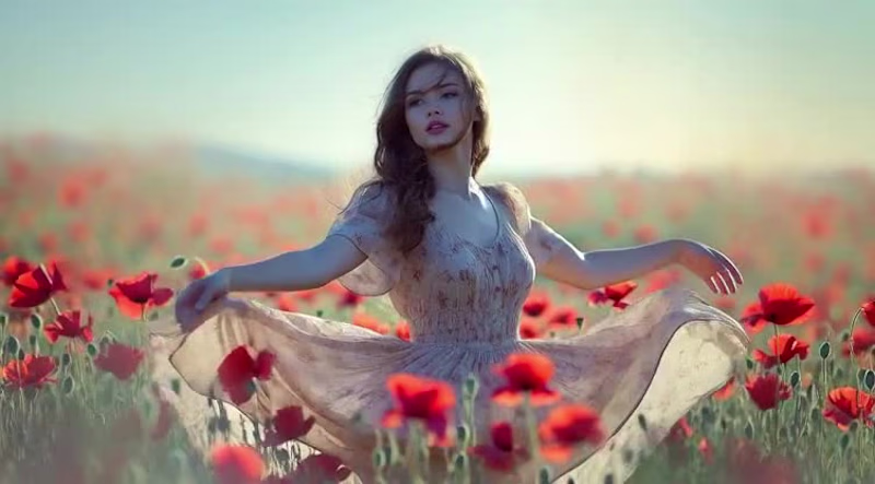 Cover image for She turns amidst an infinite sea of bloody poppies, the wind...