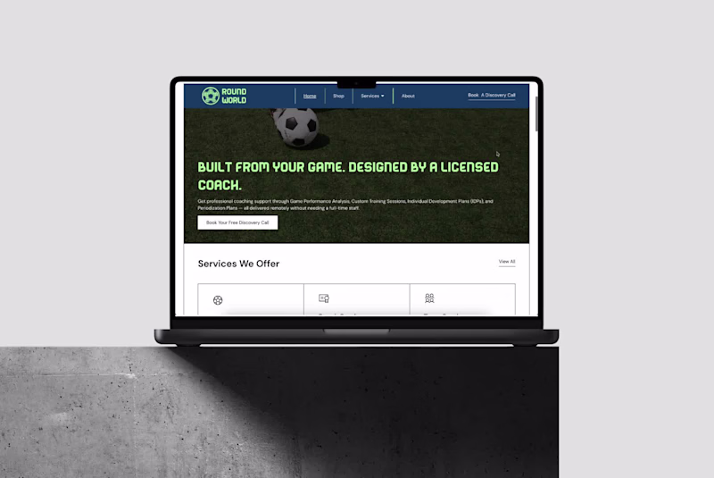 Cover image for Brand & web design for Round World, a soccer coaching brand.