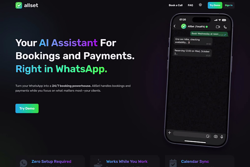 Cover image for Allset - AI booking assistant landing page