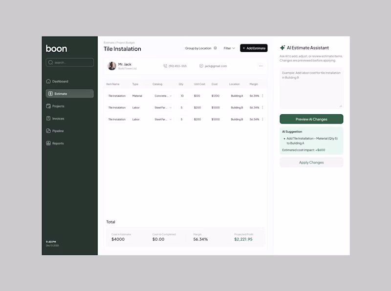 Cover image for AI Estimating Dashboard Design for Construction