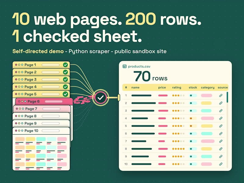 Cover image for 200 product records from 10 web pages into one checked sheet