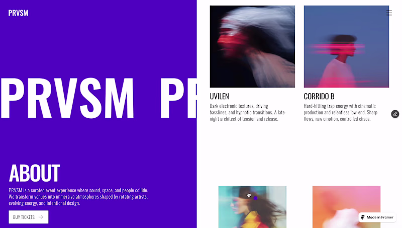 Cover image for PRVSM — a dark electronic music venue Framer template.