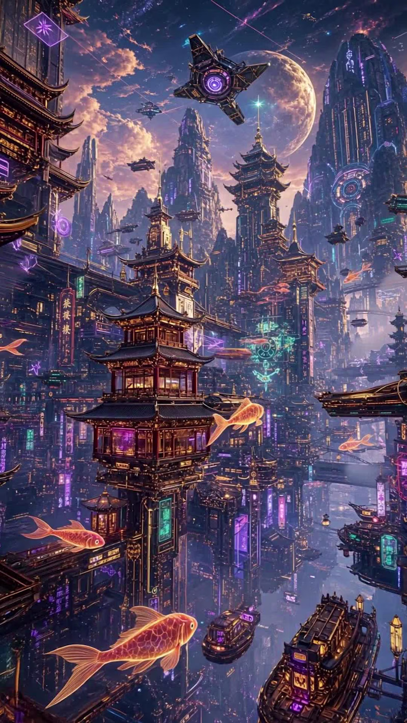 Cover image for Ancient architecture meets cyberpunk wonder.