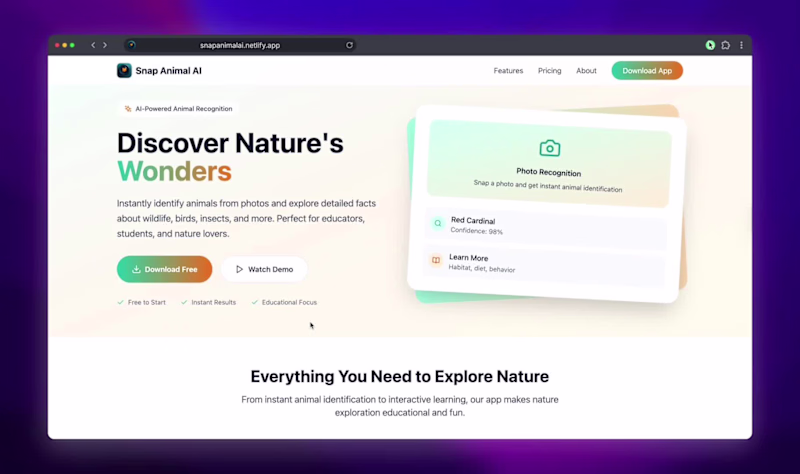 Cover image for Snap Animal AI Landing Page Development