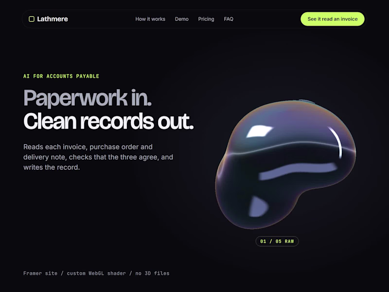 Cover image for First Framer build: 3D SaaS landing page with custom WebGL