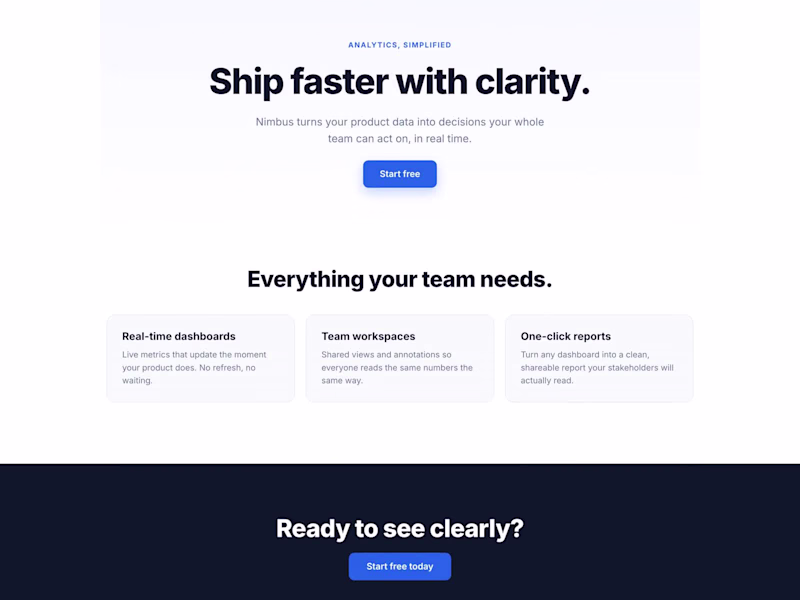 Cover image for Nimbus — Analytics SaaS Landing (Framer)