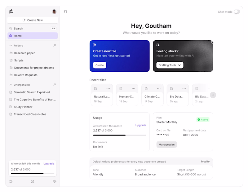 Cover image for Chat mode experience we designed for an AI powered writing a...