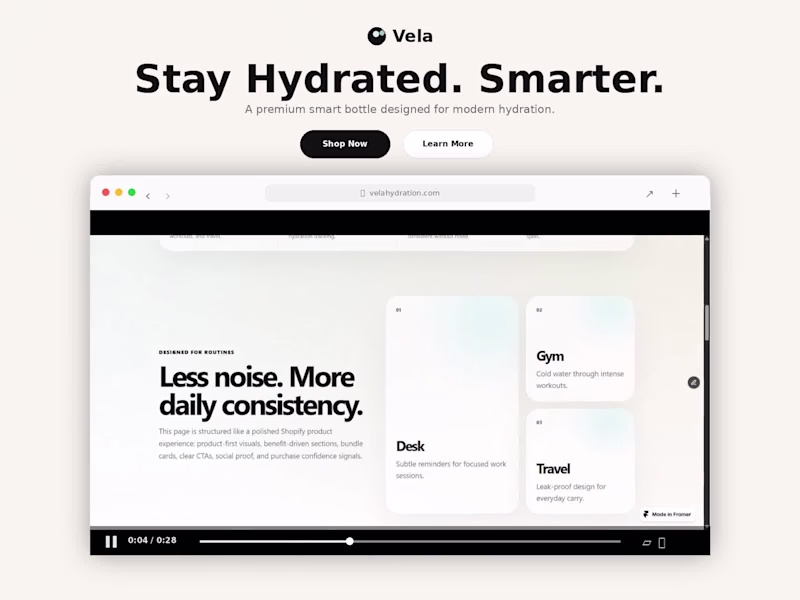 Cover image for Vela Bottle — Framer Product Landing Page