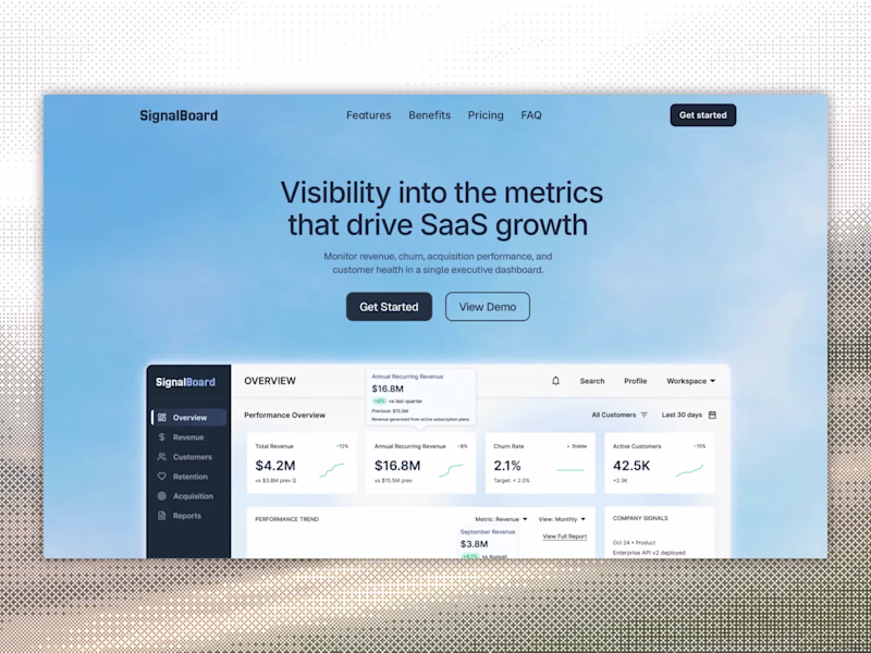 Cover image for SignalBoard: Executive Analytics Dashboard Landing Page