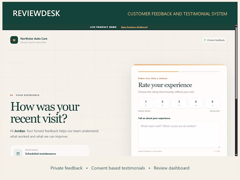 Cover image for ReviewDesk: Customer Feedback and Testimonial System