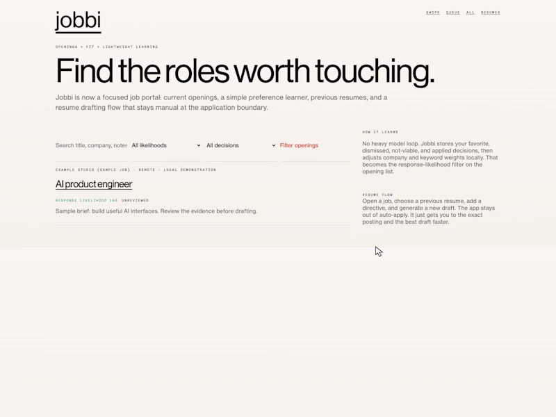 Cover image for Jobbi: application drafts that trace back to approved evidence